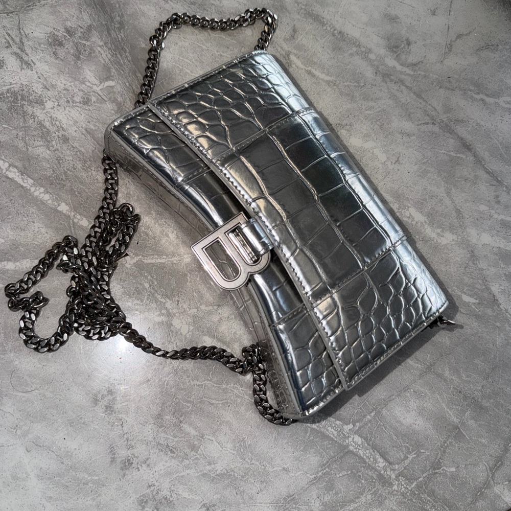 Balenciaga Silver Croc-Embossed Chain Crossbody Bag